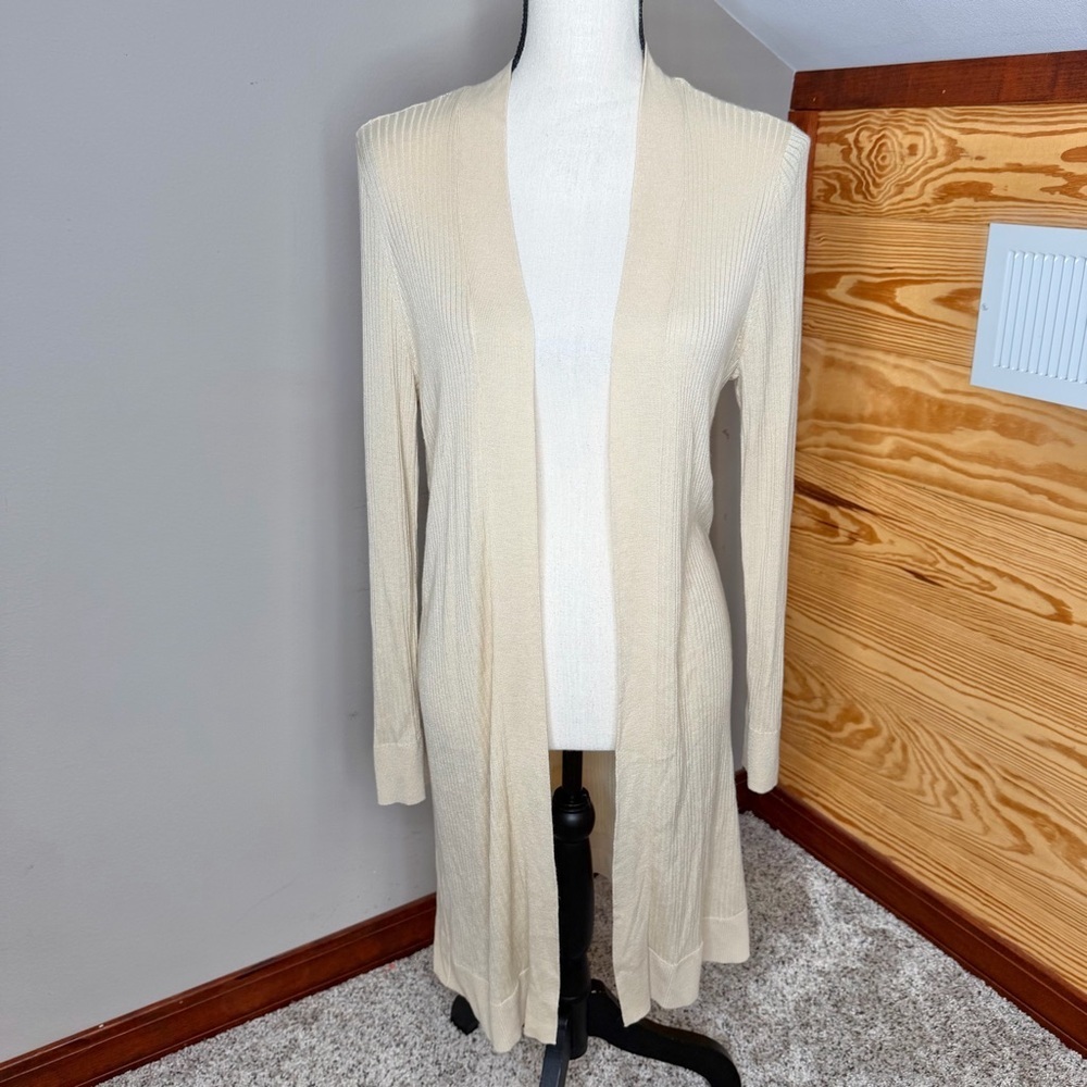 Loft Long Open Front Cardigan Beige Medium M 596300 Ribbed Long Sleeve